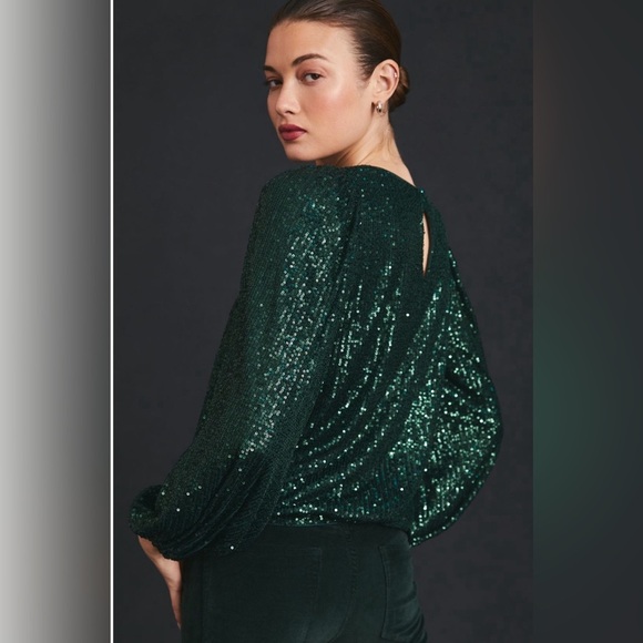 NWT! Anthropologie Dark Green Flat White Sequin Top - ALL PETITE SIZES 💎 - Picture 4 of 11